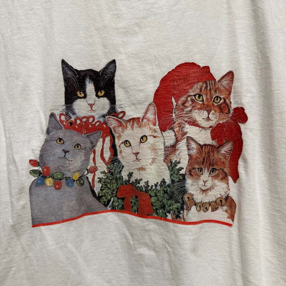 Vintage 90s Christmas Cats Graphic T-Shirt - Picture 2 of 3